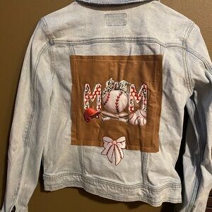 Hand designed baseball themed denim jacket women’s size extra small